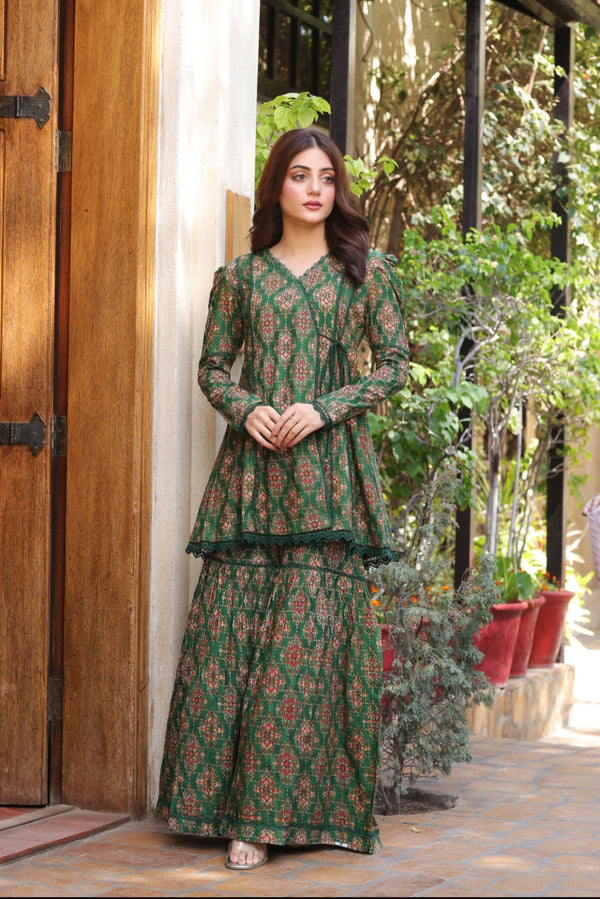 Green Printed Ghararah Suit